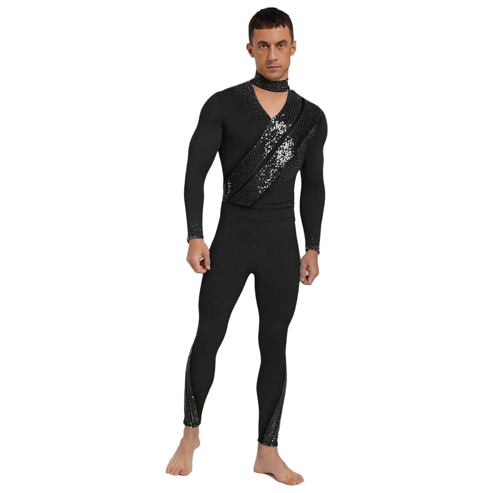 ชุดแสดงกายกรรมศิลป์สำหรับผู้ชาย ชุดแสดงสเก็ตลีลา ชุดบัลเลต์ ชุดเต้นลาติน แทงโก้ ชุดรัดรูปแบบมีกากเพชร เสื้อบอดี้สูทพร้อมกางเกง