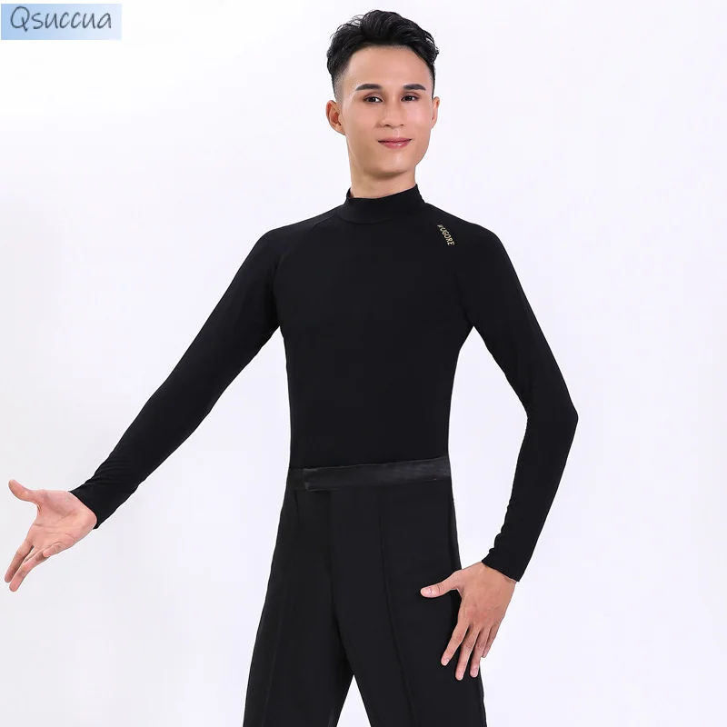 Men\'s Latin Dance Tops Adult Practice Clothing Modern Dance Long-Sleeved National Standard Dance Round Neck Turtleneck V-Neck