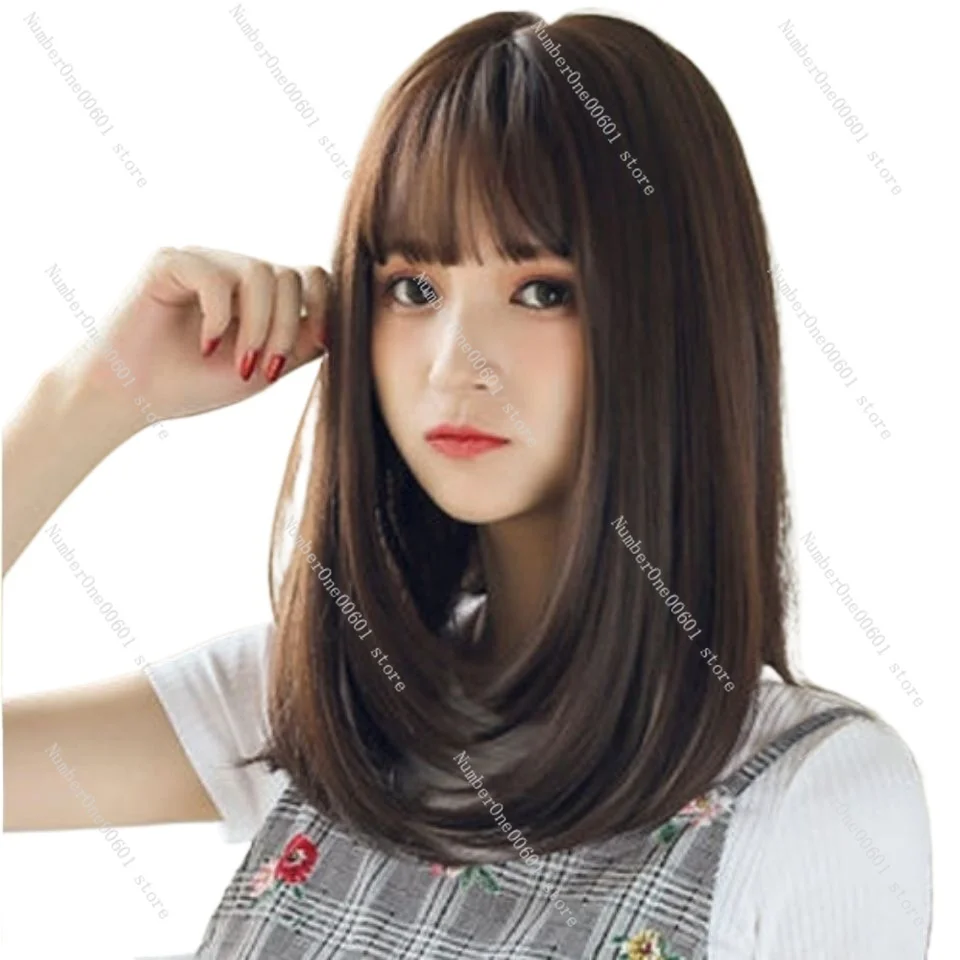 شعر مستعار، أنثى، غرة هوائية، شعر متوسط طويل مستقيم، شعر الترقوة بأزرار، وجه مستدير، زهر الكمثرى، رقيق بشكل طبيعي #1