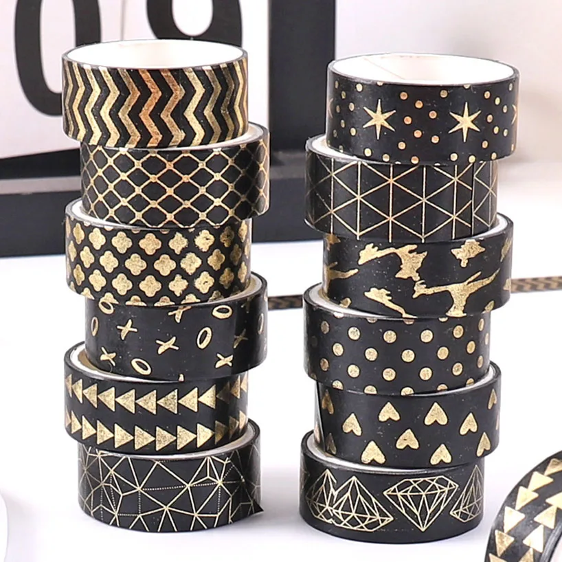 12 Gulungan Selotip Washi Emas Hitam Perlengkapan Buku Tempel Selotip Foil Emas Stempel Cinta Adhesiva Decorativa Selotip Washi Diary