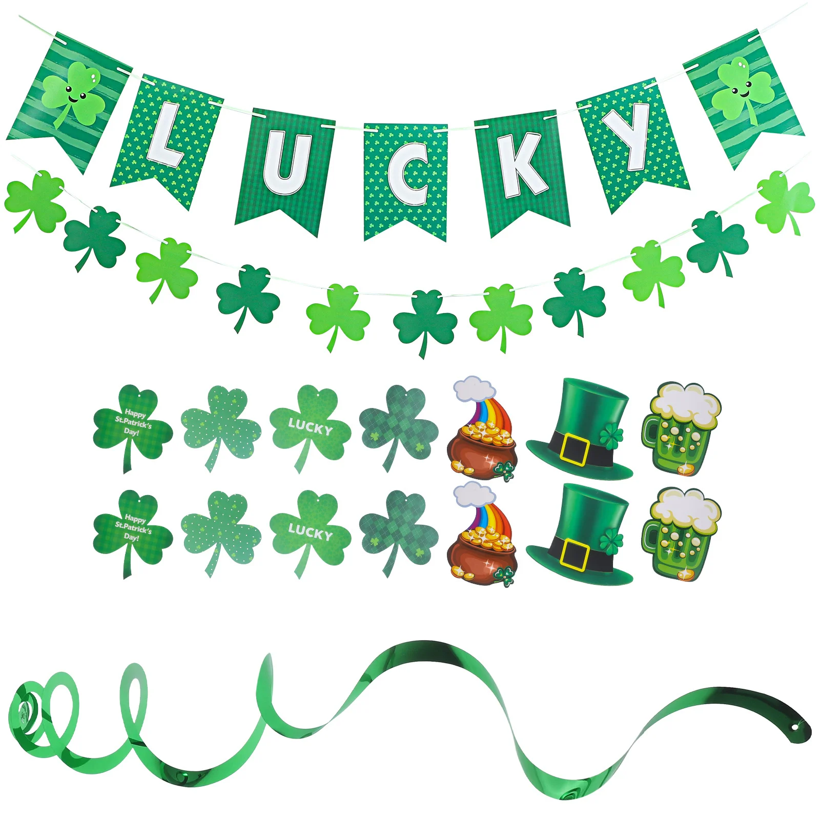 

1Set St Patrick's Day Shamrock Banners Spiral Pendants Party Ceiling Decor Hanging Swirls Paper Banner Green Ornaments