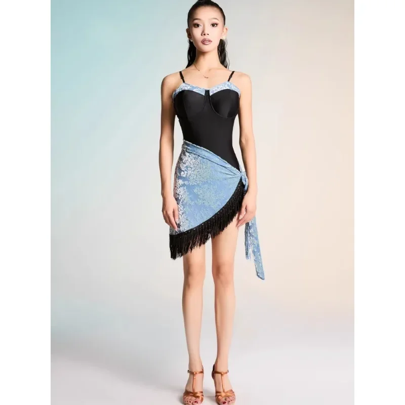 

Customized Latin Dance Suit Adult Women's Top Exercise Suit Lace Up Skirt Encrypted Tassel Samba Bullfighting Cowboy Dance Dress