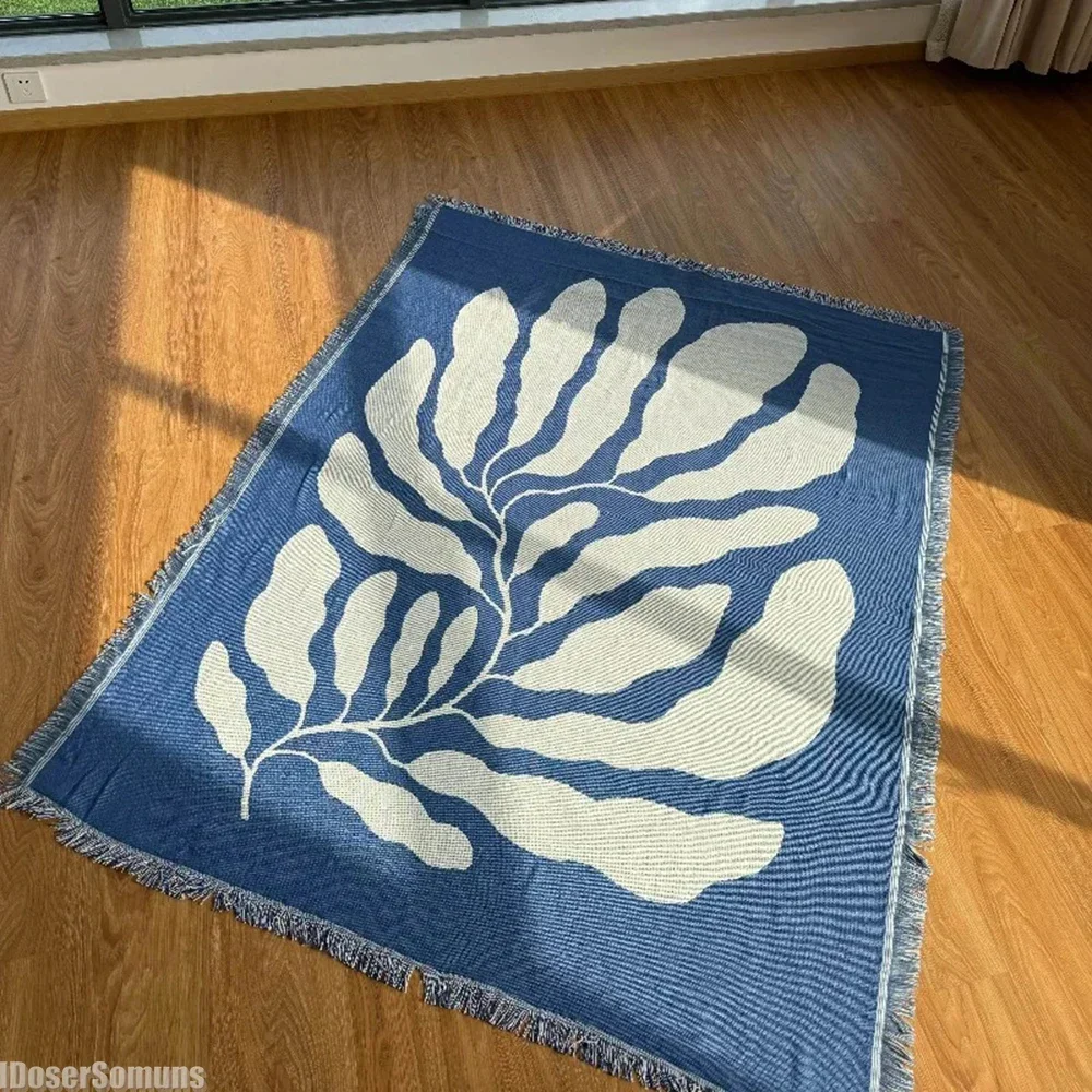 Blue Casual Sofa Blanket with Tassels Wall Hanging Decor American Country Style Carpet Tapestry for Leisure Living Room