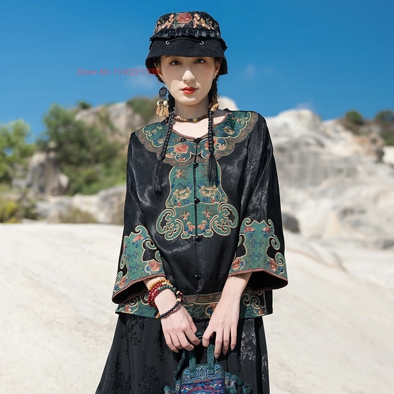 

2025 national flower embroidery ethnic coat chinese improved hanfu tops retro jacket traditional o-neck satin jacquard folk coat