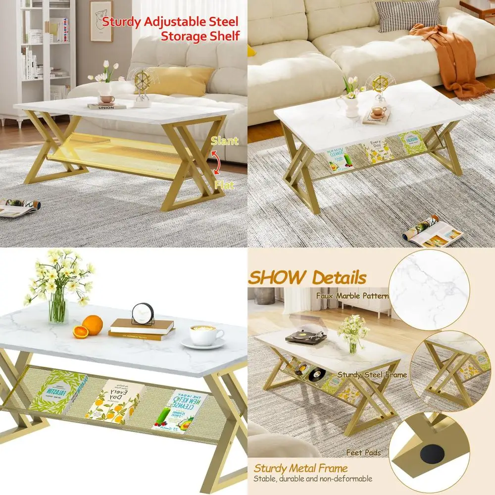 Modern Rectangular Faux Marble Coffee Table with Storage Shelf and Gold Metal Frame for Living Room and Home Office
