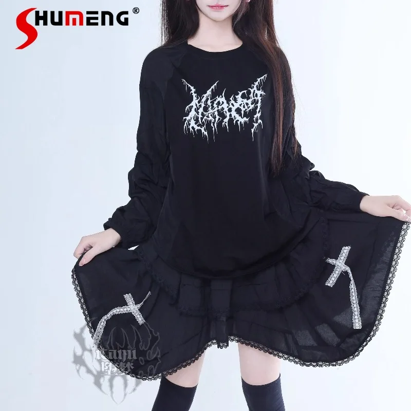 

Long Sleeves Patchwork Sweatshirt Tees Subculture Casual T-Shirt Dark Black Print Mass-Produced SC Top Japanese Style T-shirt