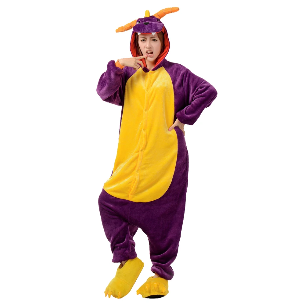 Família inverno uma peça roxo dinossauro desenhos animados pijamas com dois chifres de dragão asas poliéster quente confortável sleepwear cosplay