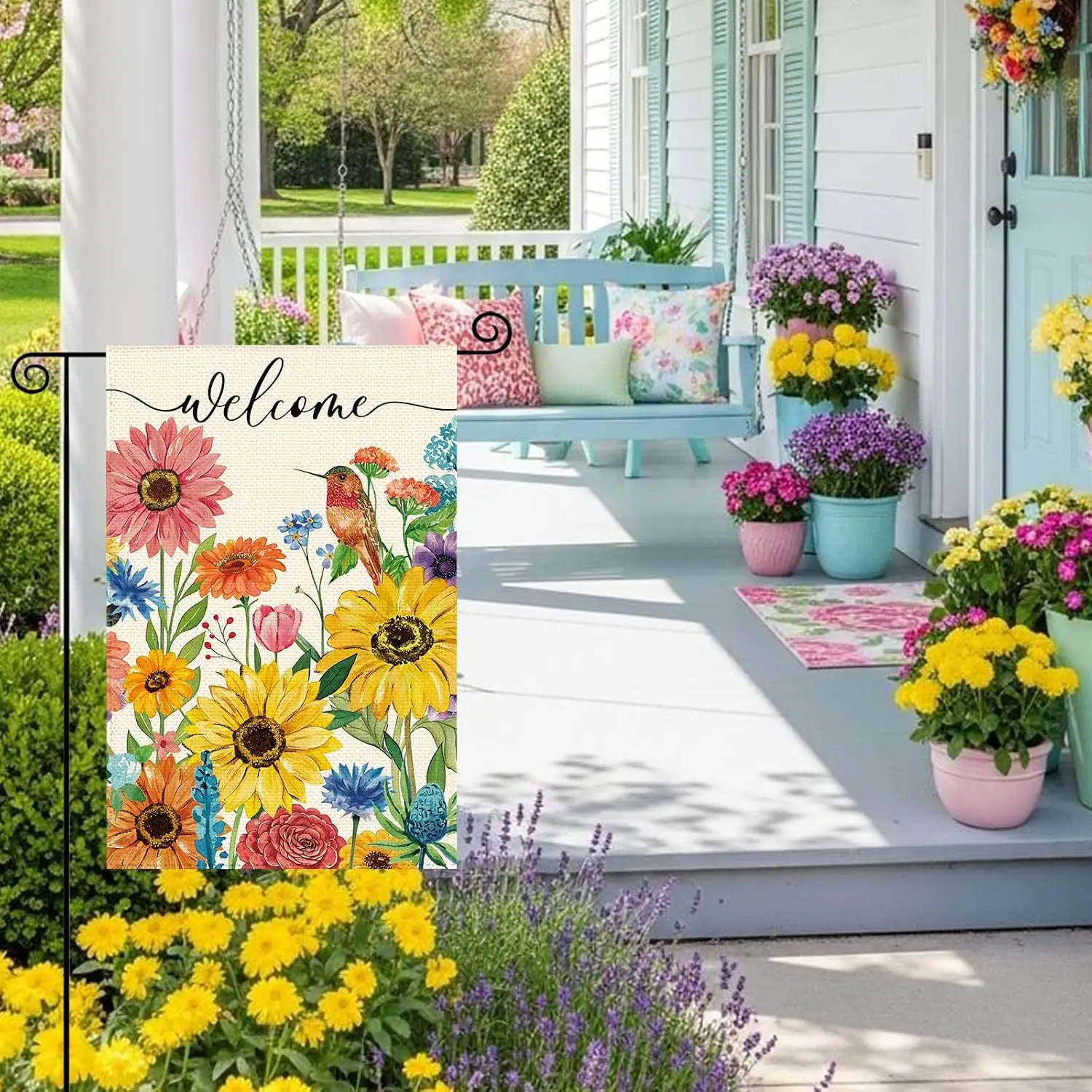 Spring Summer Hummingbird Welcome Garden Flag 12 x 18 Inch Double Sided, Sunflower Daisy Burlap Small Yard Flag Holiday Farm cci