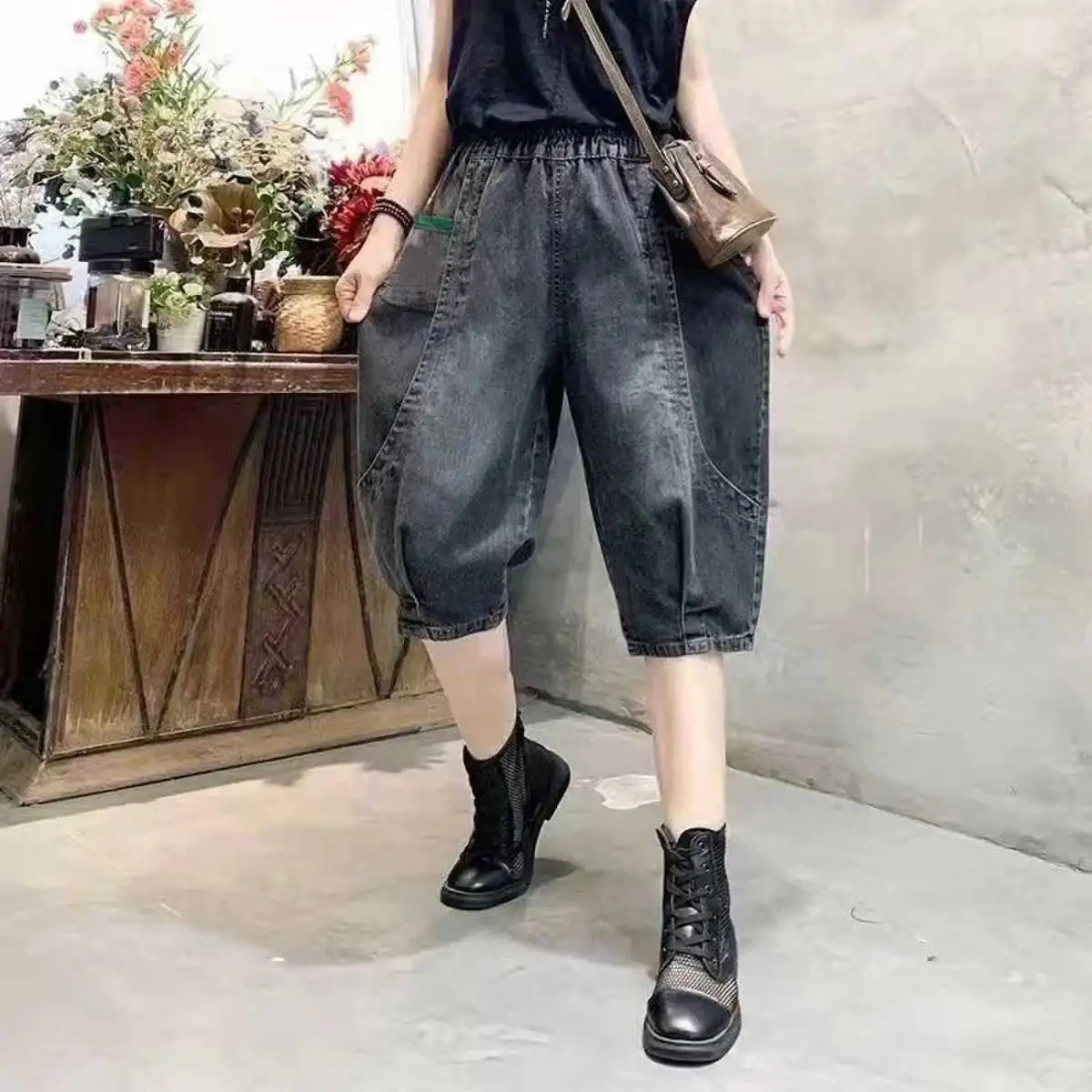 

Summer Thin Five quarter Denim Shorts High waist Loose Washed Short Pants Haren Elastic Retro Casual Mid length Jeans Female