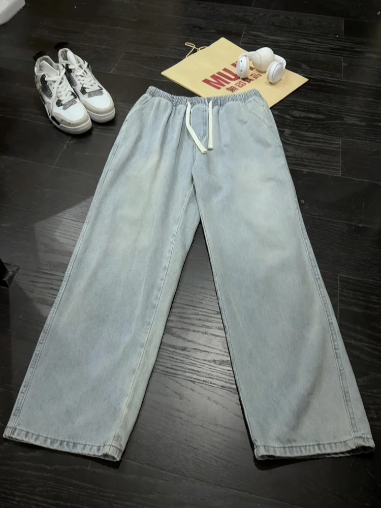 الضوء الأزرق الأمريكية الرجعية Dstring الجينز الرجال الخريف فضفاض مستقيم عالية التخسيس السراويل منتصف الخصر القطن الدنيم الجينز #1