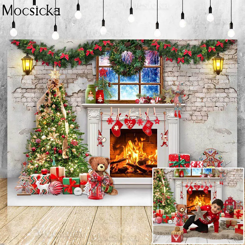 Brick Wall Fireplace Kids Christmas Backdrop For Photography Family Portrait Xmas Tree Props Hearth Child Photo Studio Photocall