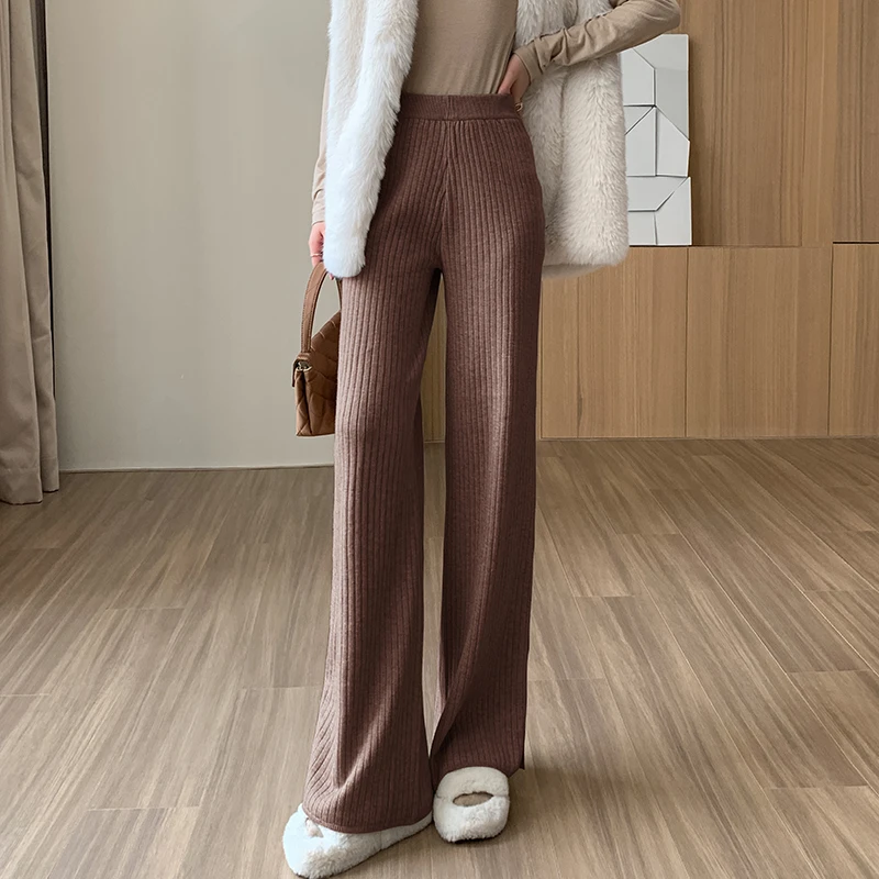 

New Autumn Winter Women High Waist Slim Long Pants High Quality Fashion Buttons Split Hem Solid Color Knitted Straight Pants