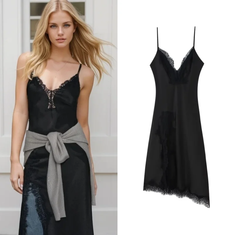 Tidalyf 2025 Women Satin Lace Trim Cami Dress Heart Neckline Sleeveless Backless Elegant Sexy Chic Party Outfit