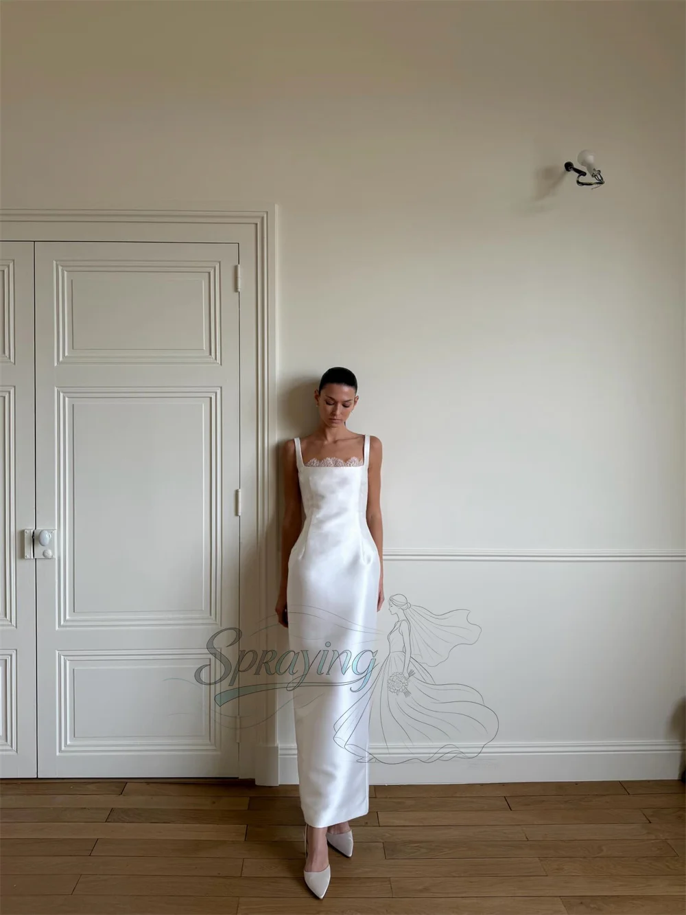SPRAYING Elegant White Square Collar Customized Wedding Party Sleeveless Satin Mermaid Bridal Gown Ankle-Length Wedding Gown