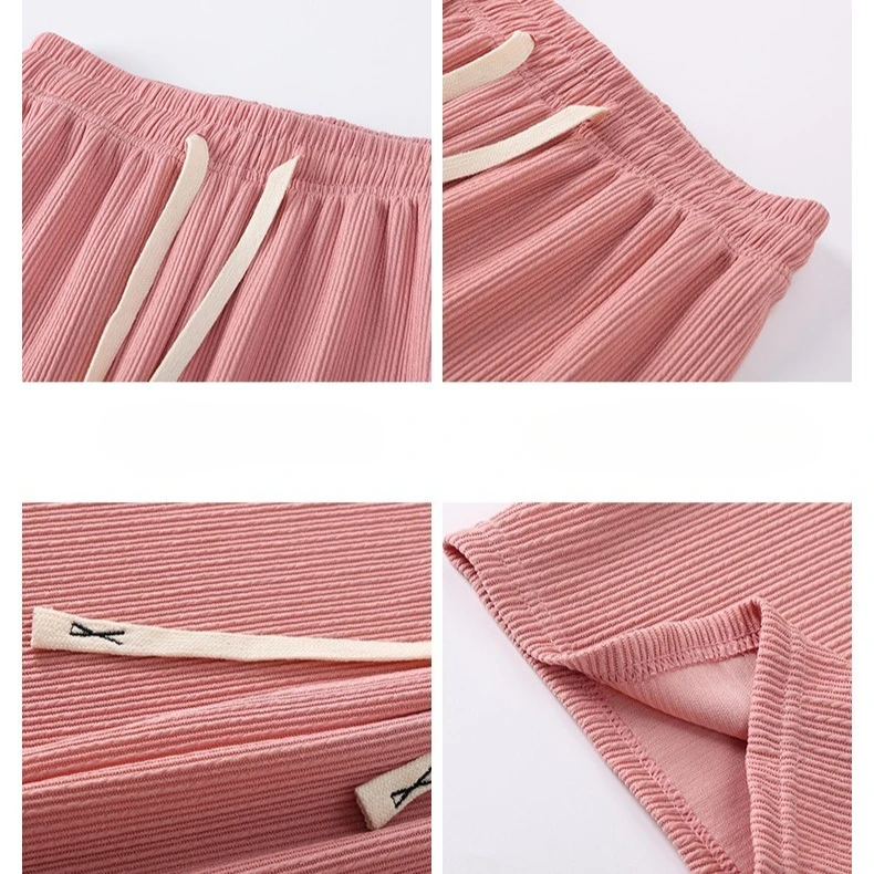 Damen-Hose mit weitem Bein, Frühling, hohe Taille, lockere lässige gerade Hose, volle Länge, Kordelzug, einfarbig, Schwarz, Rosa, Hose für Damen