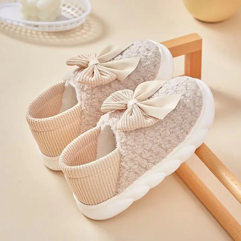 

Closed Heel Fleece Lined Sweet Bow Knot Slippers Women Pregnant Postpartum Soft Breathable Anti Slip Indoor Autumn Winter