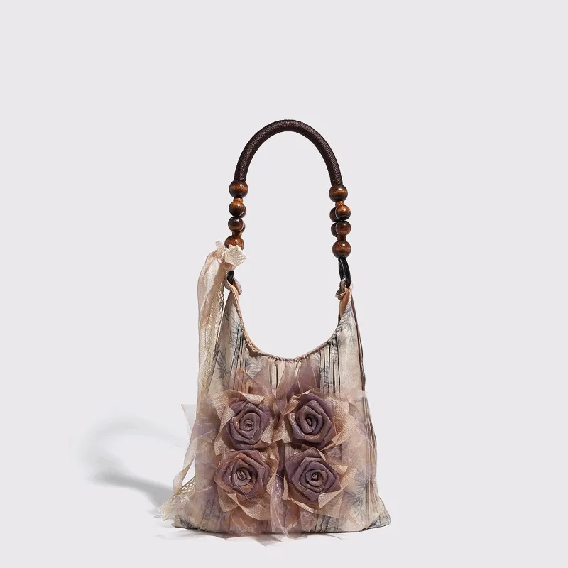 Chinese Style Vintage Tie-dye Three-dimensional Rose Handbag Autumn New Design Women's Floral Pleated Beaded Strap Shoulder Bag