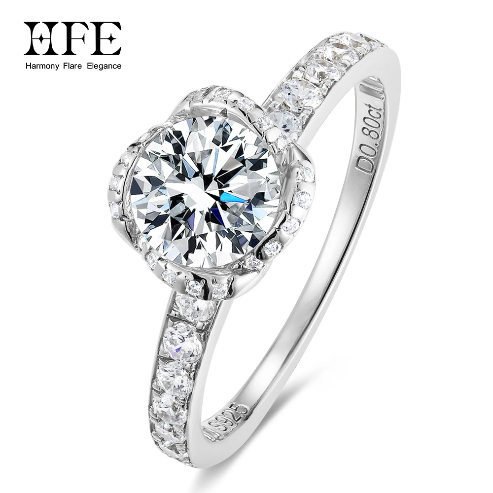HFE 0.8ct Round Zircon Halo Engagement Ring for Women Rose Halo Design 925 Silver Hypoallergenic Wedding Promise Band Jewelry