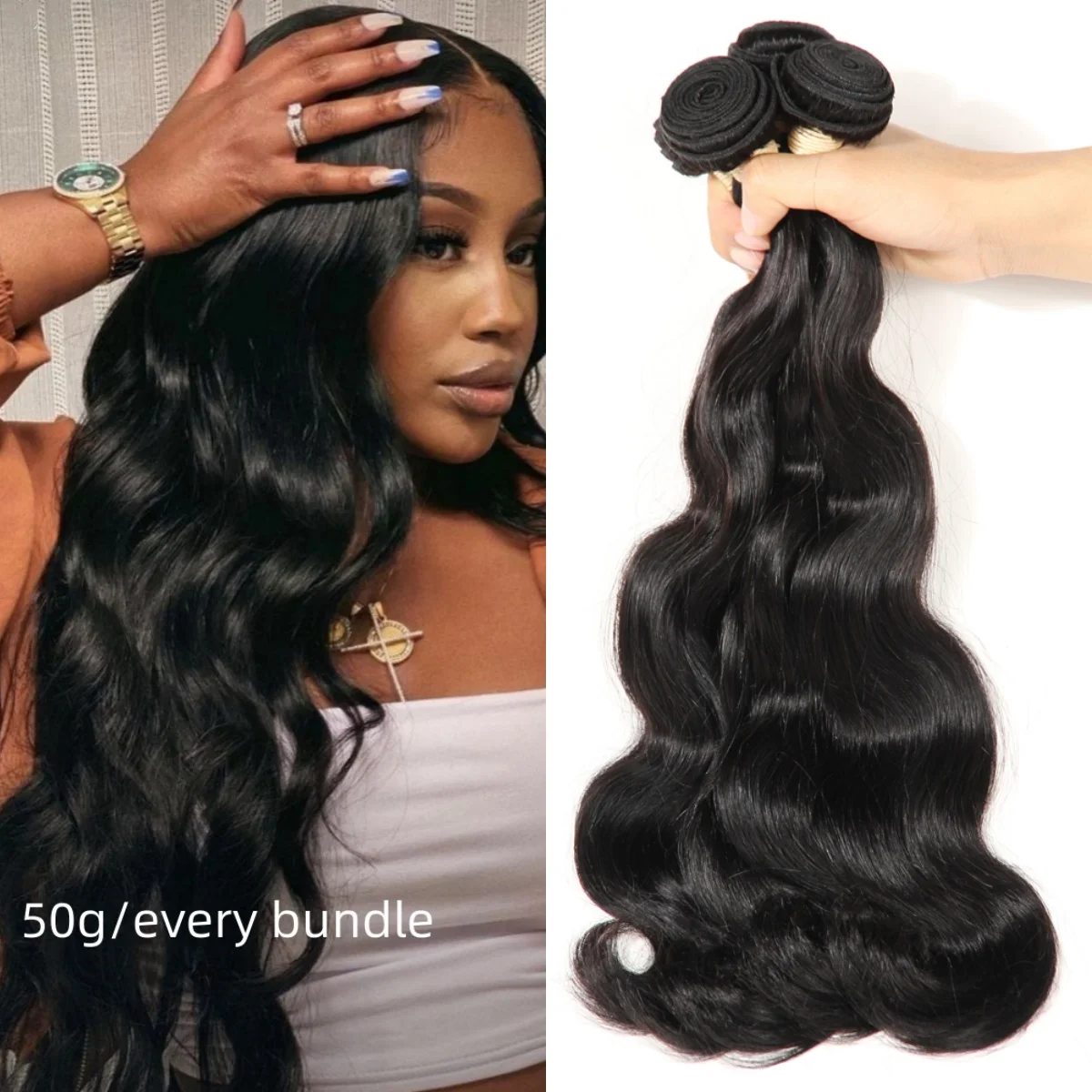 Curly Hair Bundles Human Hair Body Wave Bundles 100% Human Hair Remy Virgin Hair Weavings 10-30Inch 50g Natural Black For Women