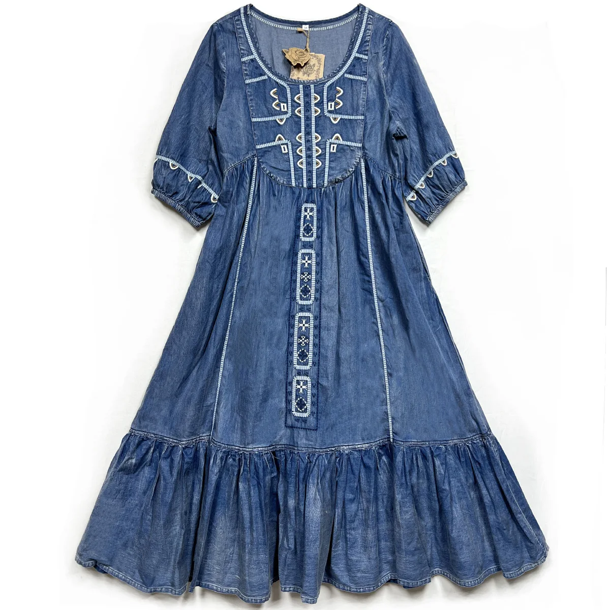 High quality long denim dress for women three quarter sleeve cotton embroidery new 2025 spring lady elegant vintage clothes blue