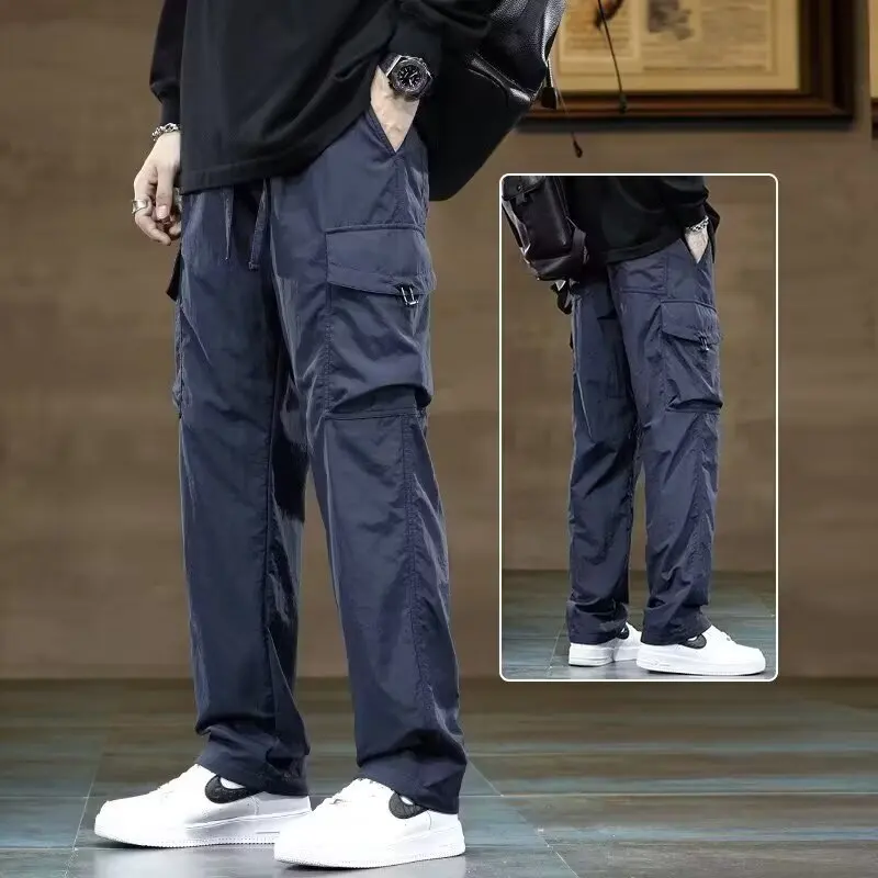 

Cargo pants men straight leg wide casual pants 2024 new fashion youth popular drawstring pants