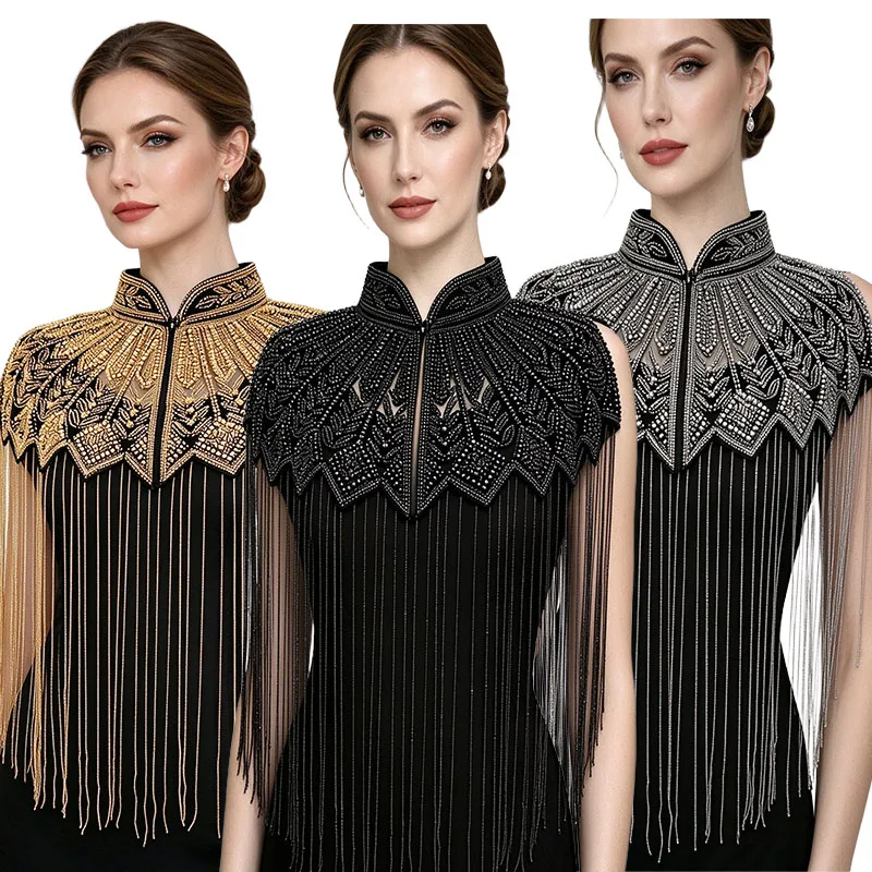 Vintage YUNJIAN Beaded Embroidery Tassel Cape Shawl Sari Shrug Shoulder Wrap Evening Party Banquet Costume