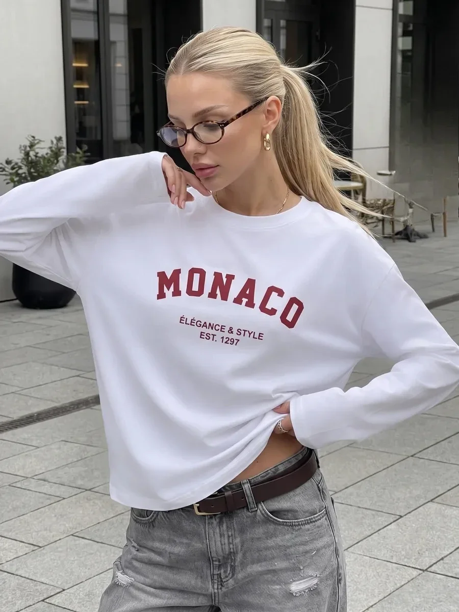 Women's Long Sleeve Tee Monaco Elegance And Style Text Print T shirt 2026 New Autumn Oversized 100% Cotton Daily Street T shirt