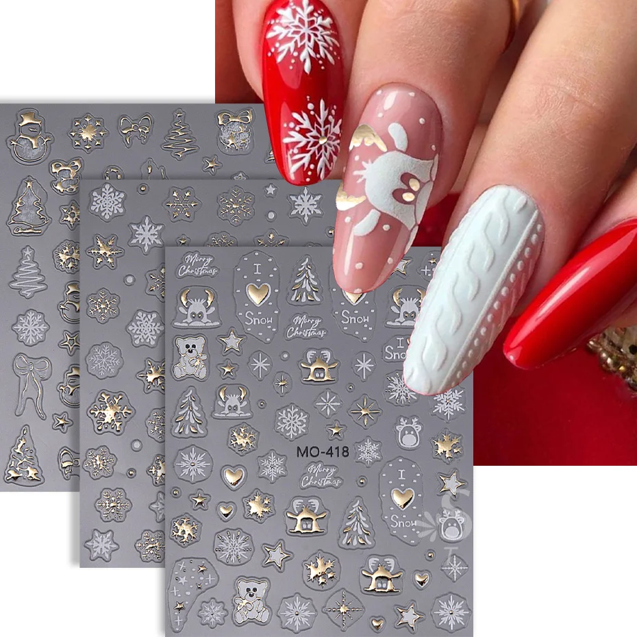 5D Kerst Nagelstickers Goud Wit Elanden Sneeuwvlok Sneeuwpop Boog Ster Boom DIY Winter Kerst Decal Slider Manicure Kunst Decoratie