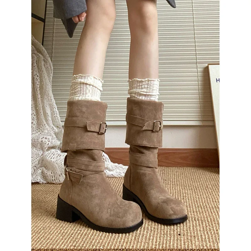 Women Vintage Pile Western Cowboy Boots Spring Autumn Long Boots Women Round Toe Slip on Knee High Casual Platform Botas Mujer