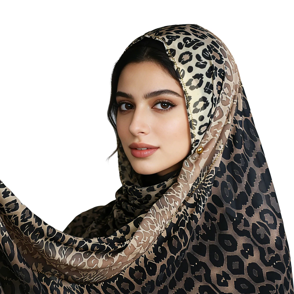 

Роскошный арабский шифоновый платок со стразами и леопардовым принтом, мягкий драпированный модный хиджаб с принтом2620