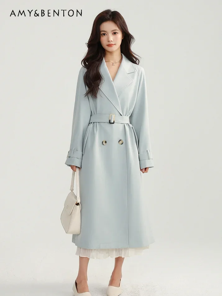 

Commuter Temperament Double-breasted Trench Coat for Women Spring Autumn Casual Graceful British Style Retro Mid-length Jackets