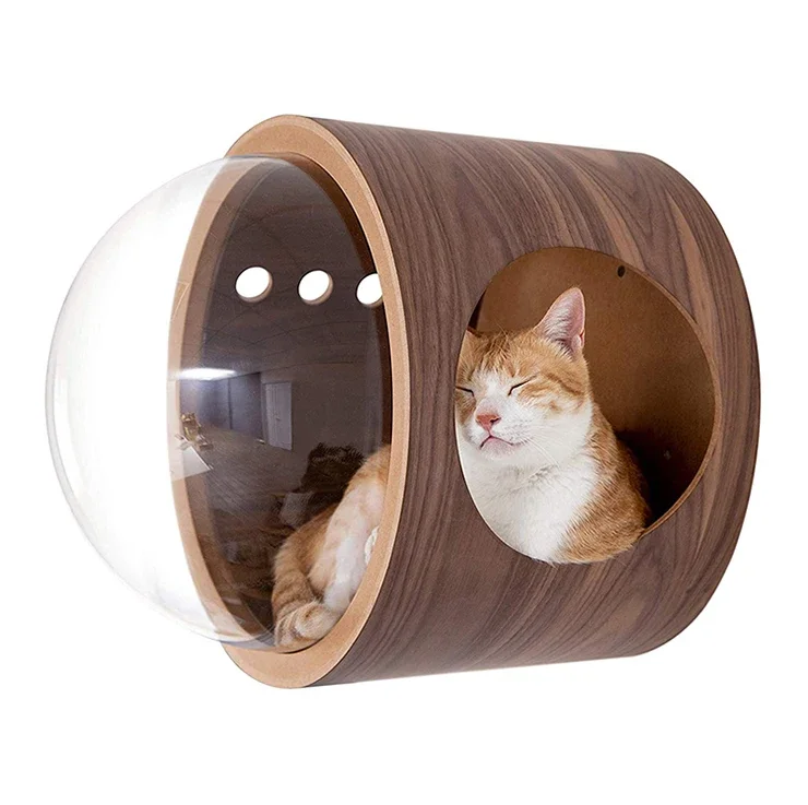 

2023 new design wood spaceship cat nest bed with bubble pod window wall mounted Perch for small cats