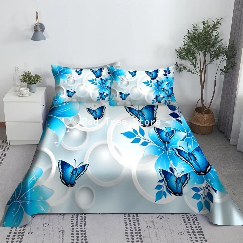 3D Print Butterfly Flower Flat Sheet with Pillowcase 2/3pcs Set Bedroom Decor Polyester High Quality Bedspread Drop Shipping