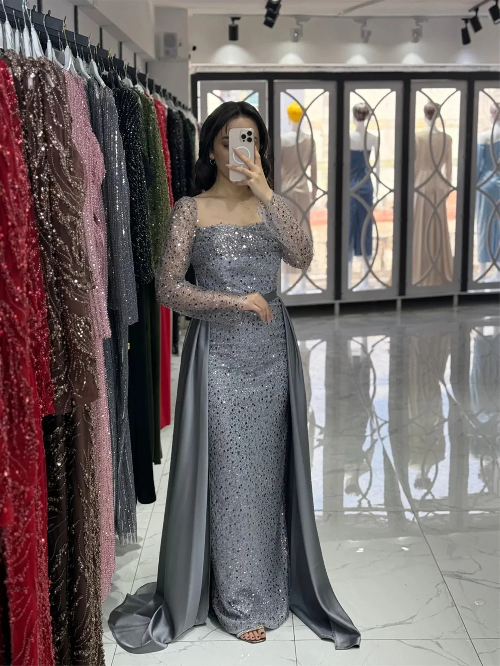 Cathy Customized Sliver Sequins Mermaid Prom Dress Square Neck Long Sleeves vestidos de noiva Detachable Train Evening Dresses