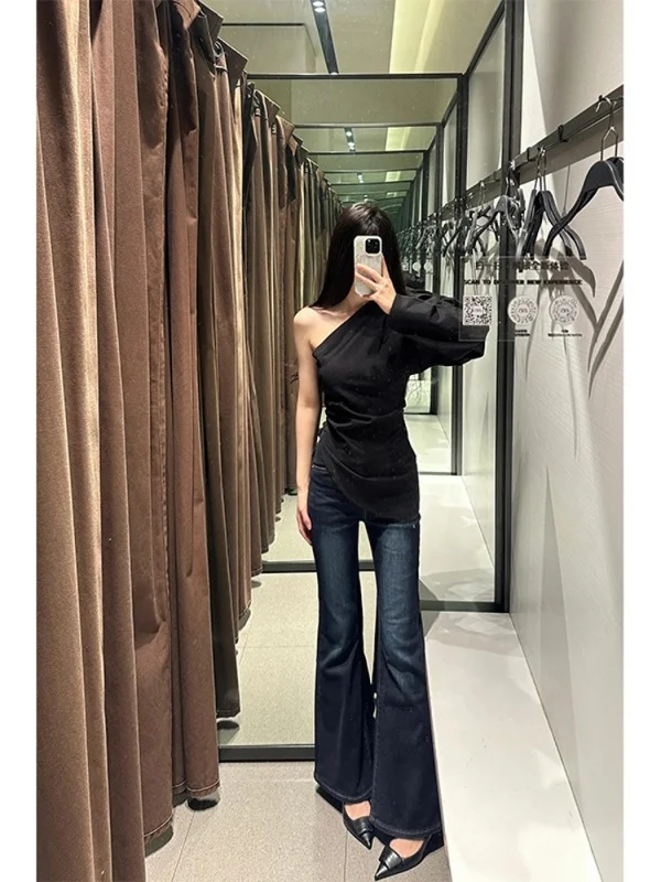 Jeans a Zampa d'Elefante a Vita Alta da Donna, Primavera Estate, Vintage, Slim Fit, Elasticizzati, Lunghezza Pavimento, Stile Americano