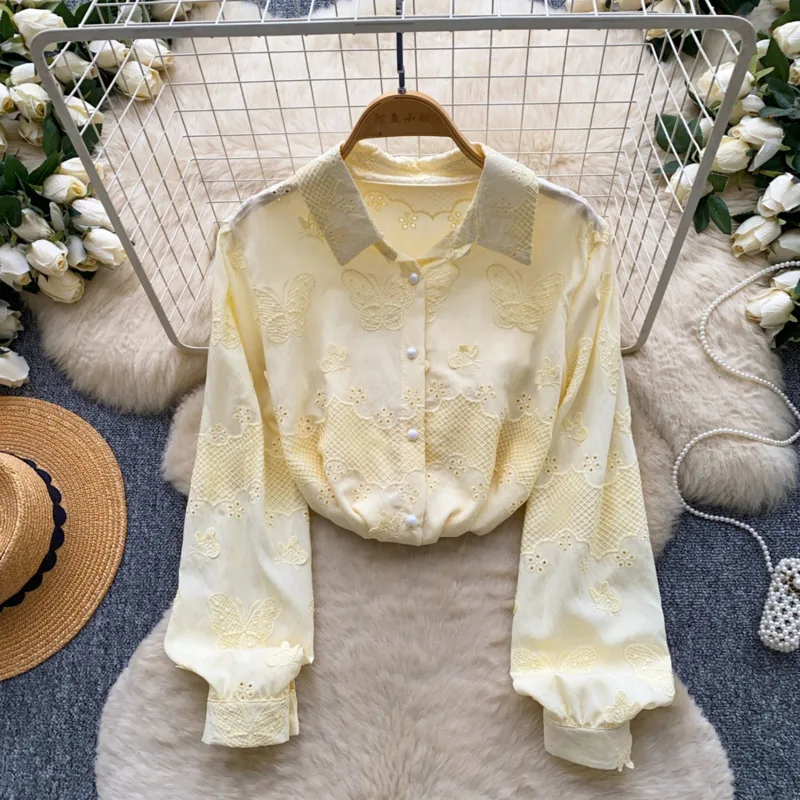 ANJY Spring Autumn New Women French Style Elegant Heavy Hollow Out Embroidered Shirt Stylish Niche Ins Long Sleeve Blouse A24299