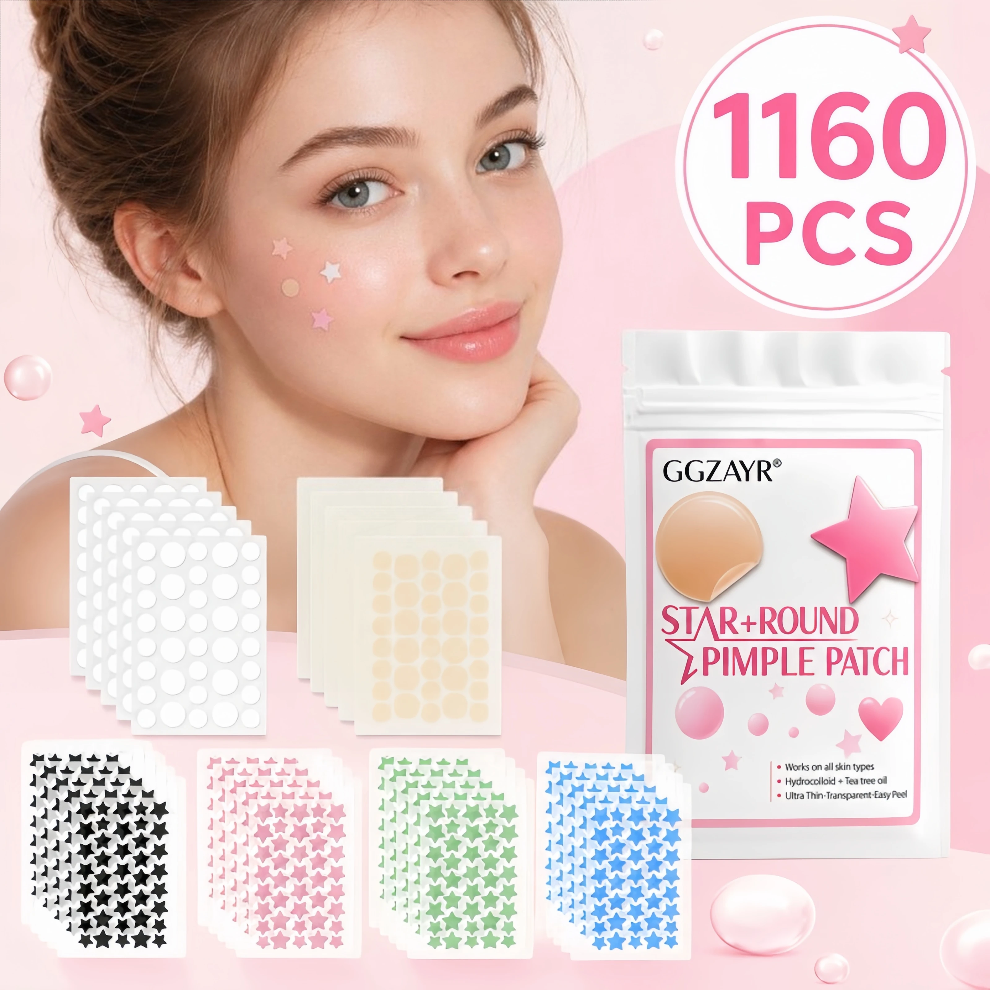 1160PCS Mixed Star Circle Acne Patches, 30 Sheets 6 Color Face Stickers, Hydrocolloid Spot Covers for Girls Women Daily Beauty C