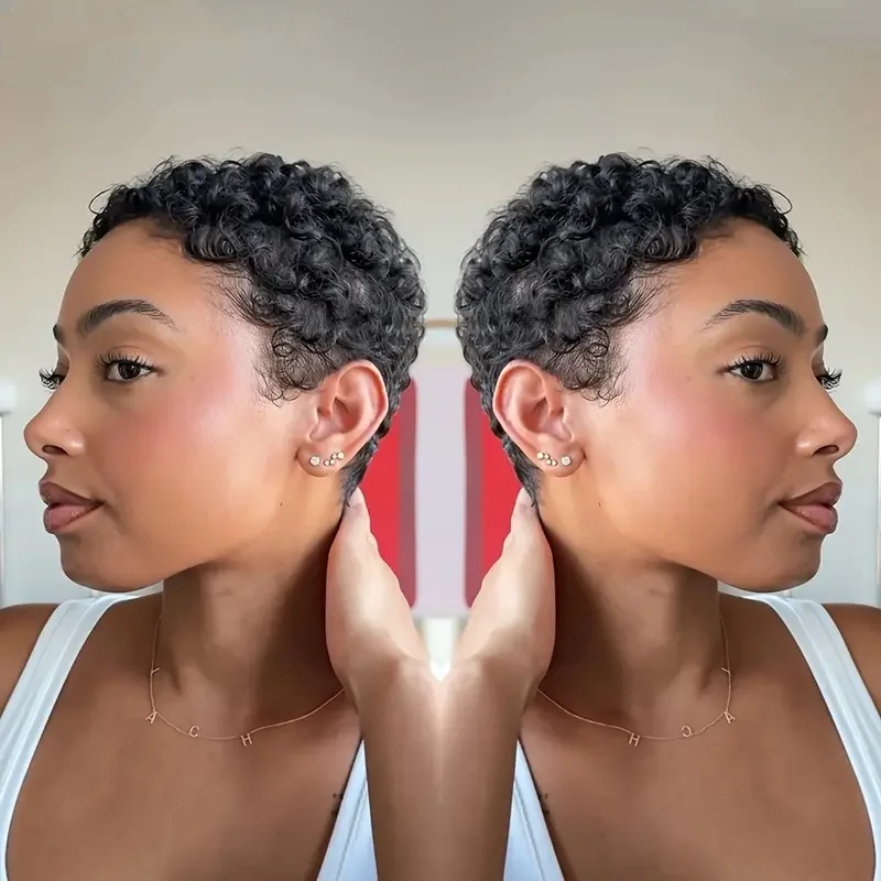 짧은 곱슬머리 가발 픽시컷 레미 인모 가발 여성용 아프로 곱슬곱슬한 가발 풀머신 메이드 가발
