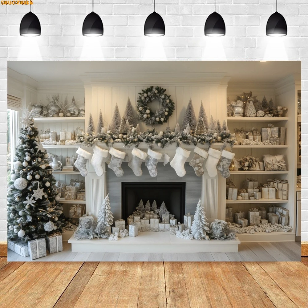 

White Christmas Photography Backdrop Fireplace Little House Indoor Outdoor Party Baby Kids Family Portrait Photocall Background