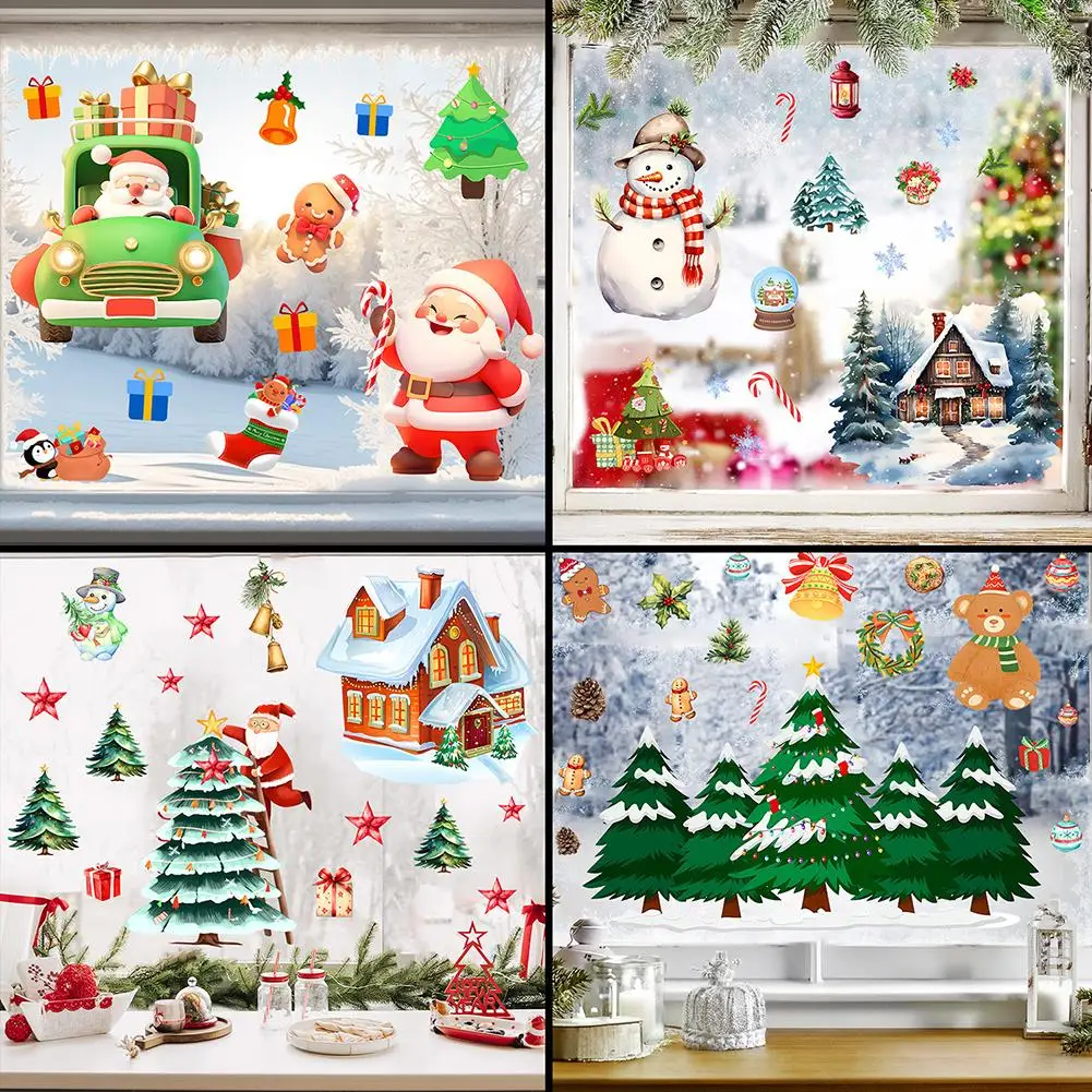 Christmas Window Static Clings Set 4 Sets PVC Stickers for Holiday Home and Office Decoration with Santa Designs