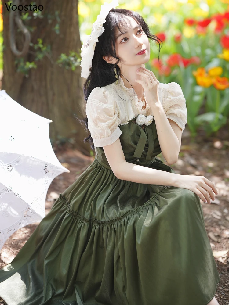 Summer Vintage Victorian Princess Dress Women French Sweet Lolita Style Puff Sleeve Party Dresses Female Elegant Green Vestidos