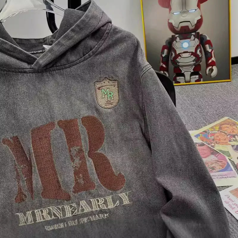 Brief Stickerei Denim Hoodie Für Männer Amerikanische Mode Lose Mit Kapuze Tops Herbst Casual High Street Retro Oversize Sweatshirt