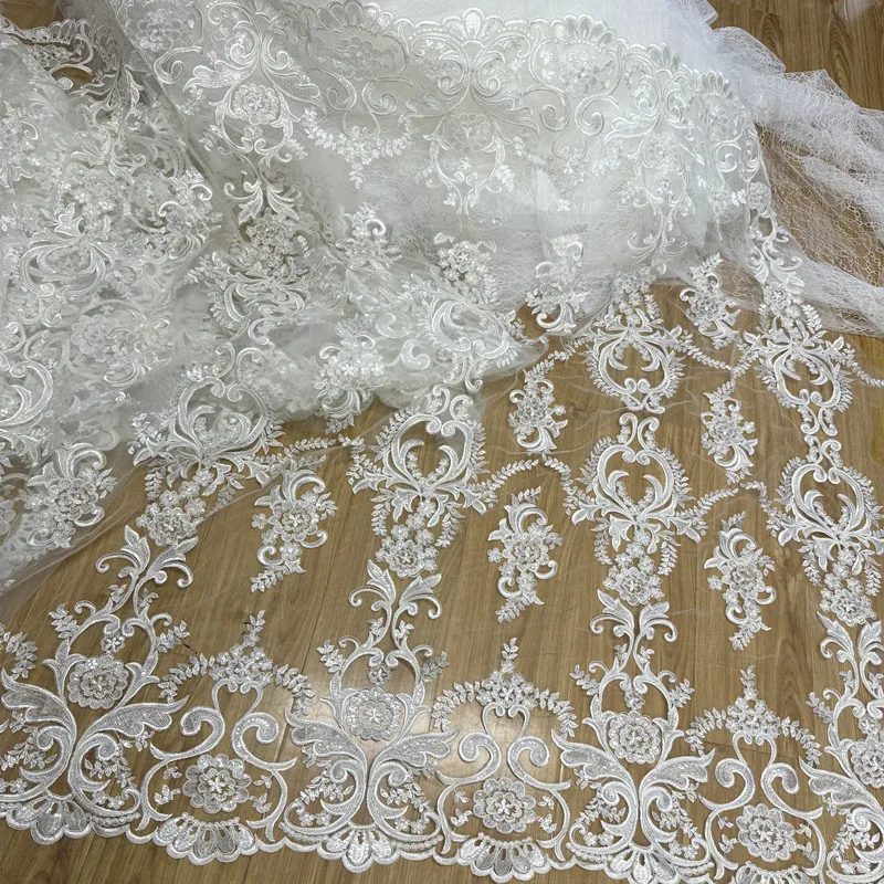 

Rice White Flower Embroidered Lace Fabric for Wedding Dress Fashion Perspective Mesh Diy Cloth Per Meter Sewing Material