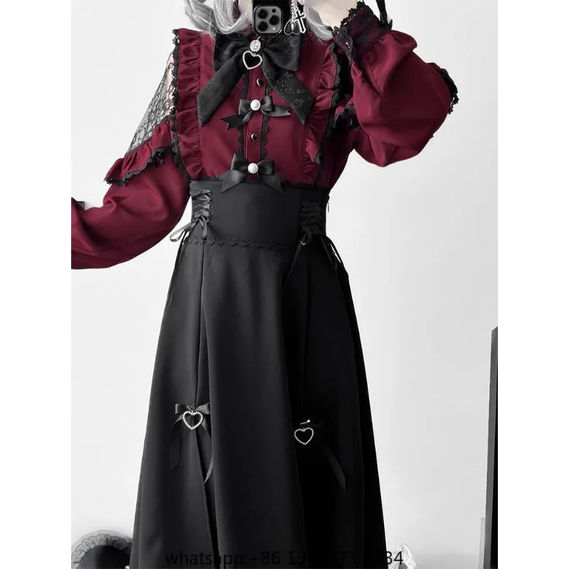 Japanese Lolita Lace Patchwork Skirts Women Summer New Slim High Waist Midi  Black Skirts Gothic Vintage Bandage Skirt Hot Girls