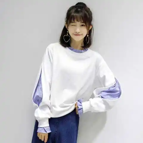 Sweatshirts Women'S Kawaii Light Beautiful Moletom Corduroy Temperament Splice Relaxed Liner Styles Korean-Style O-Collar Adult