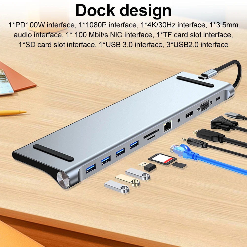 

11 in 1 Type C Hub with 4K HDMI-Compatible VGA Ethernet Multiport Adapter 100W PD SD/TF Audio for Dell/Surface/HP/Lenovo Laptops