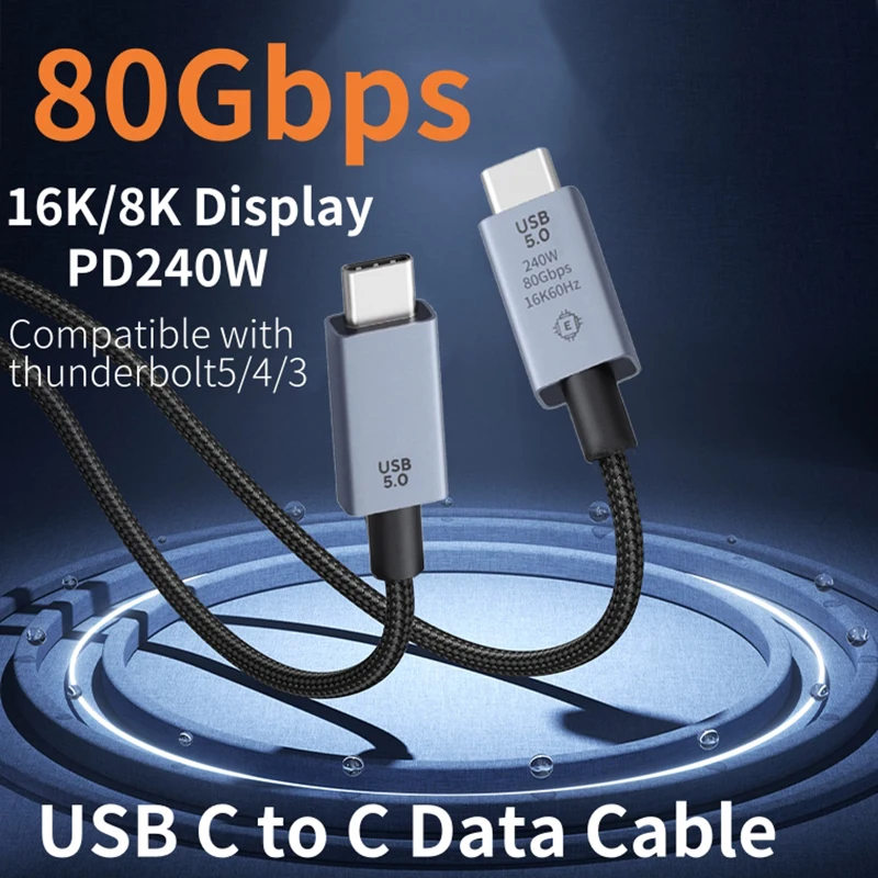 

80Gbps USB C to C Data Cable Compatible with Thunderbolt5/4/3 16K 8K@60Hz Display PD3.1 240W Charger Cord for Laptops Phone SSD