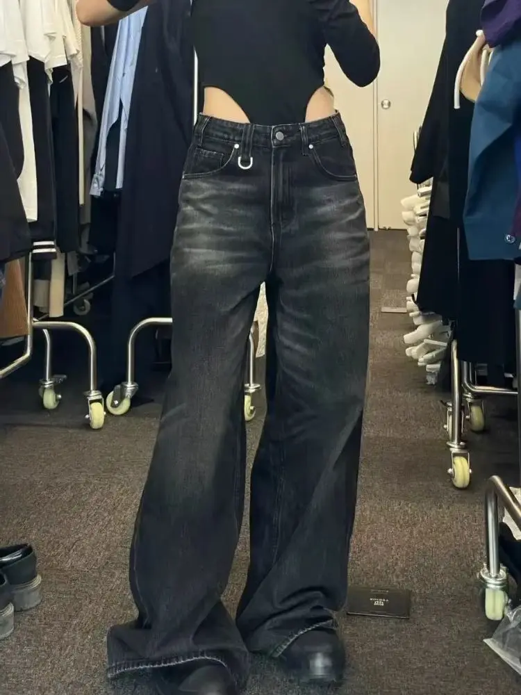 Jean Vintage noir à jambes larges pour femmes, surdimensionné, mode coréenne, Baggy, pantalon en Denim, Grunge Y2k, Hip Hop