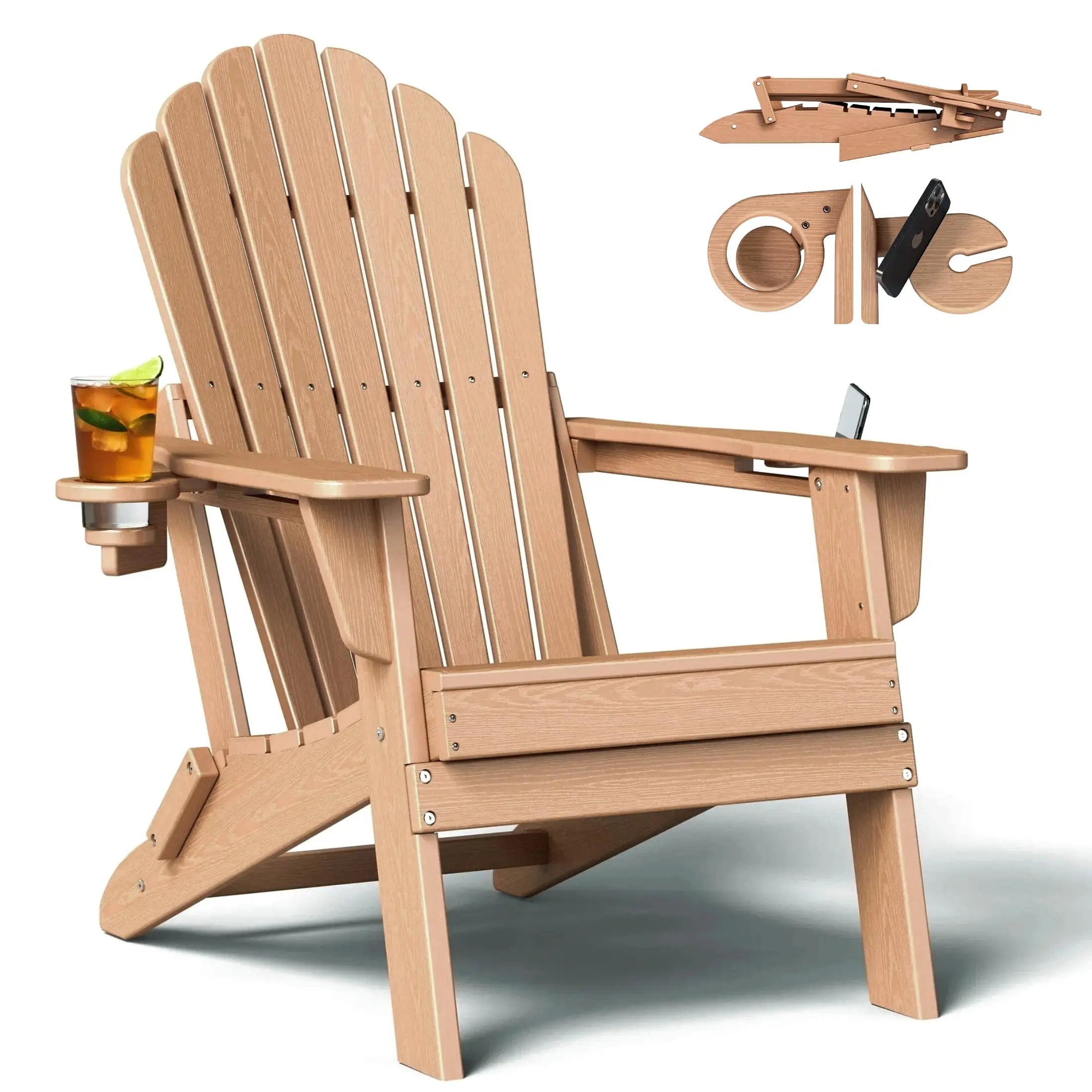 HDPE Folding Adirondack Chair with Dual Cup Holders, Cedar | Ergonomic High Back HDPE Fire Pit Chair, 380lbs Capacity