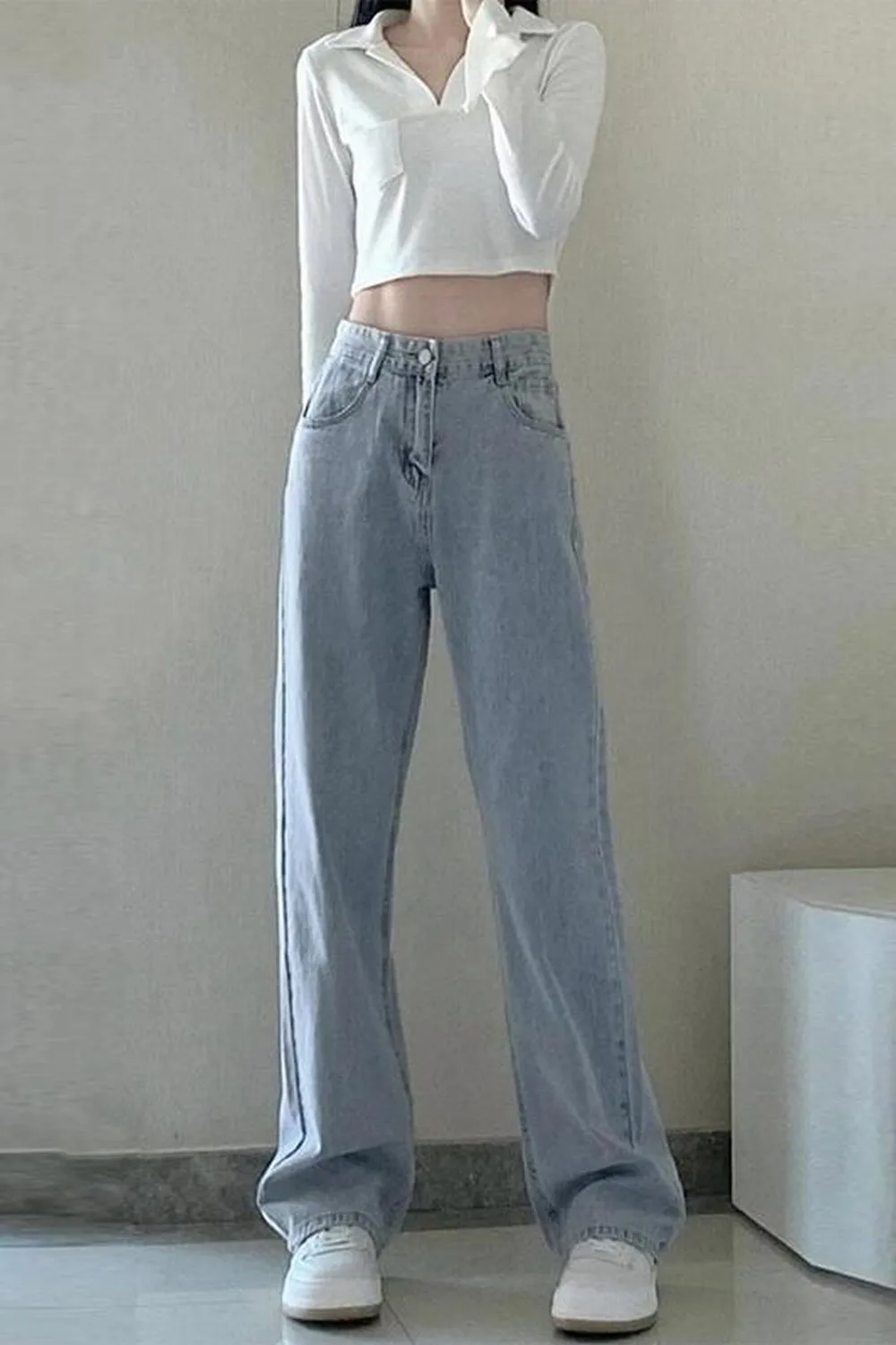 Mode künstlerische leichte Frauen trend ige weitb einige Hosen einfachen Stil solide hohe Taille Design geeignet lässige weiße Hose – Detail 13